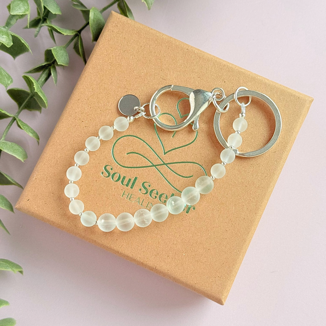 Clear Quartz 4-7-8 breath work beads. Crystal breathing keyring