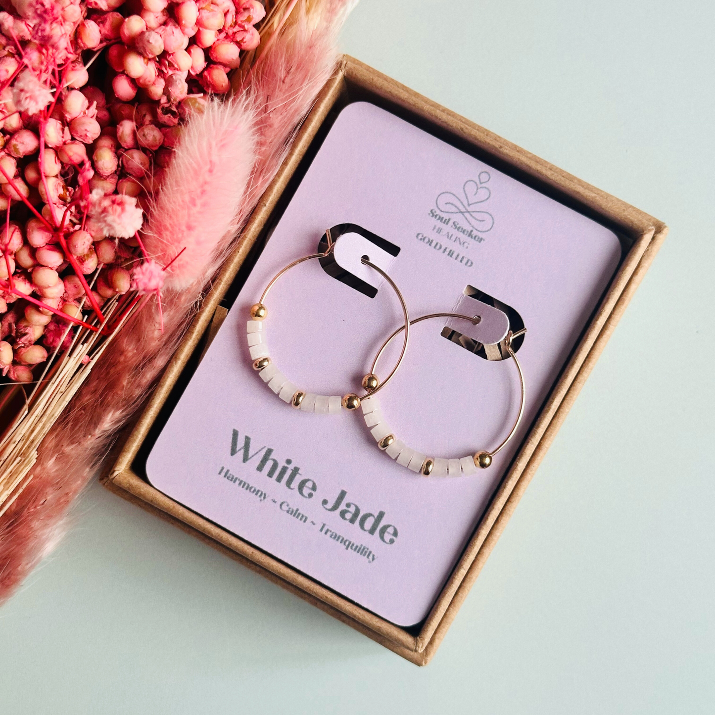 White jade 25mm gold filled hoop earrings with white jade heishi beads, white jade earrings