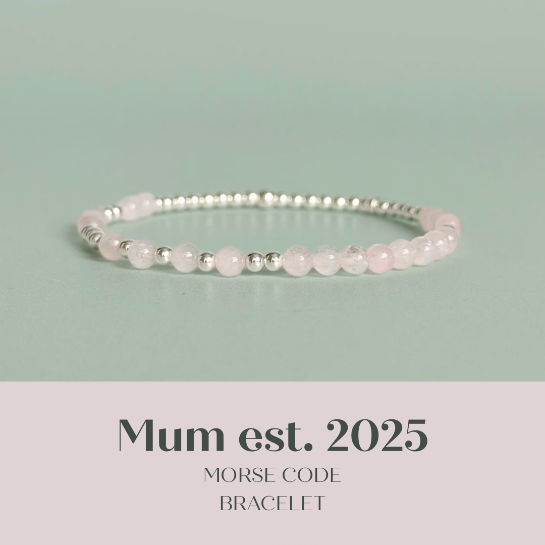Morse code secret message bracelet spelling out the words Mum est. 2025 in sterling silver and rose quartz crystal beads. elasticated with 4mm rose quartz beads and 3mm sterling silver beads.