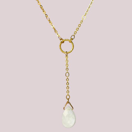 Moonstone necklace features a faceted moonstone teardrop bead on a delicate gold figaro chain with a twisted gold vermeil ring focal point. The necklace fastens with a subtle yet secure gold vermeil bolt clasp. The teardrop bead measures 12mm x 8mm.