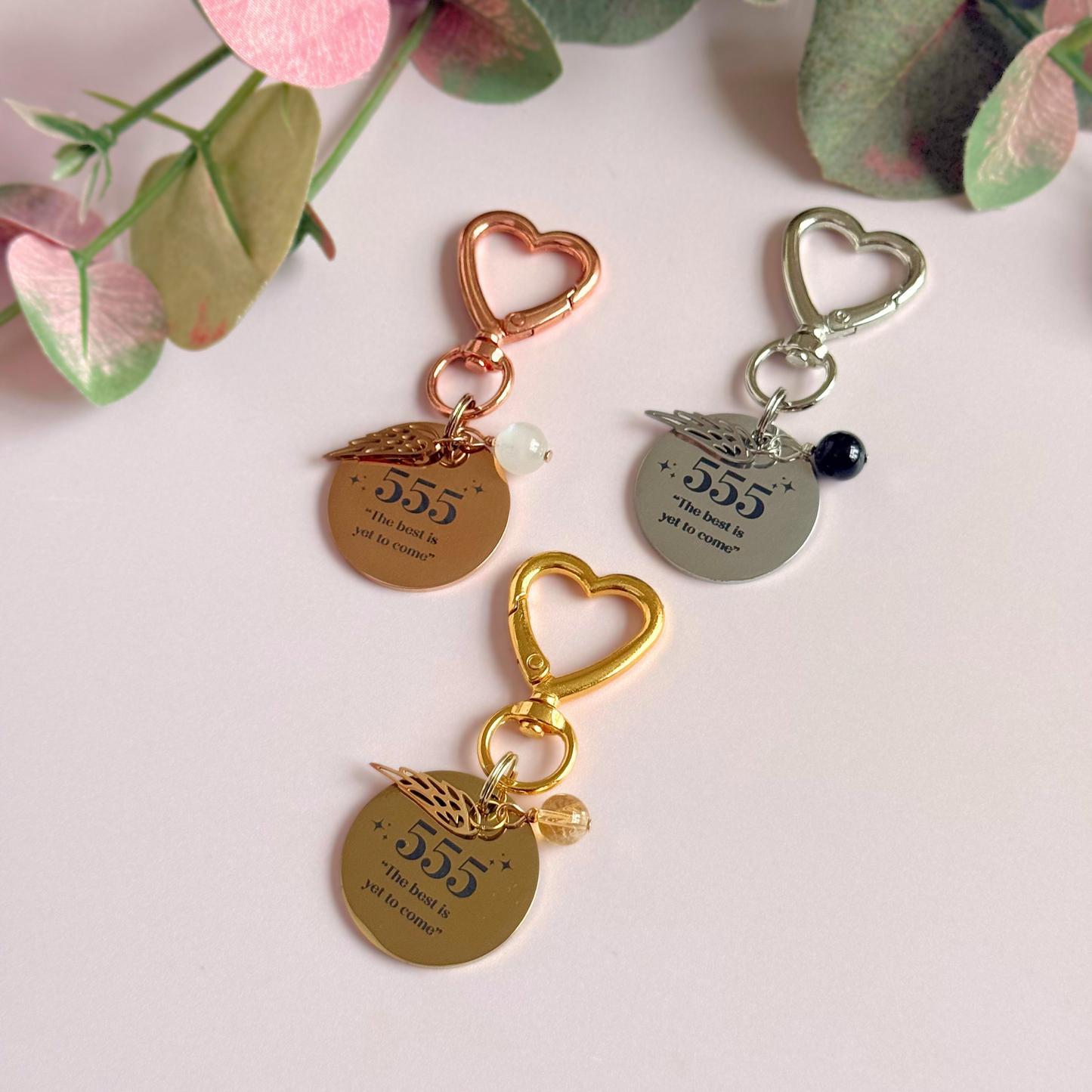 555 Angel Number Keyring / Bag Charm With Optional Crystal