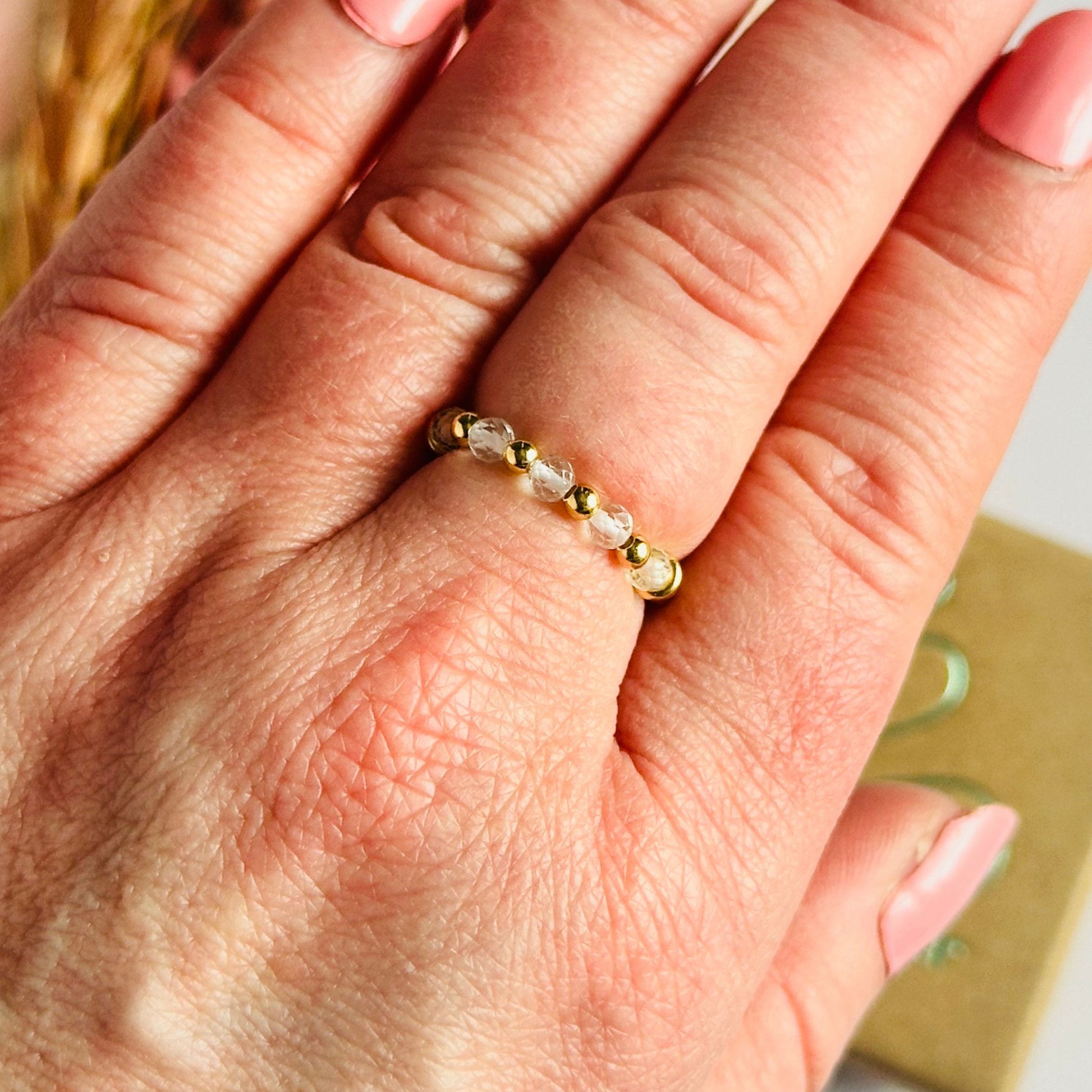 Gold vermeil clear quartz Stackable Ring with five 3mm faceted clear quartz crystal beads on a beaded 2.5mm band. April Birthstone Ring, clear quartz gold Band Ring, April Birthday Gift For Women, April birth stone ring, birthstone jewellery