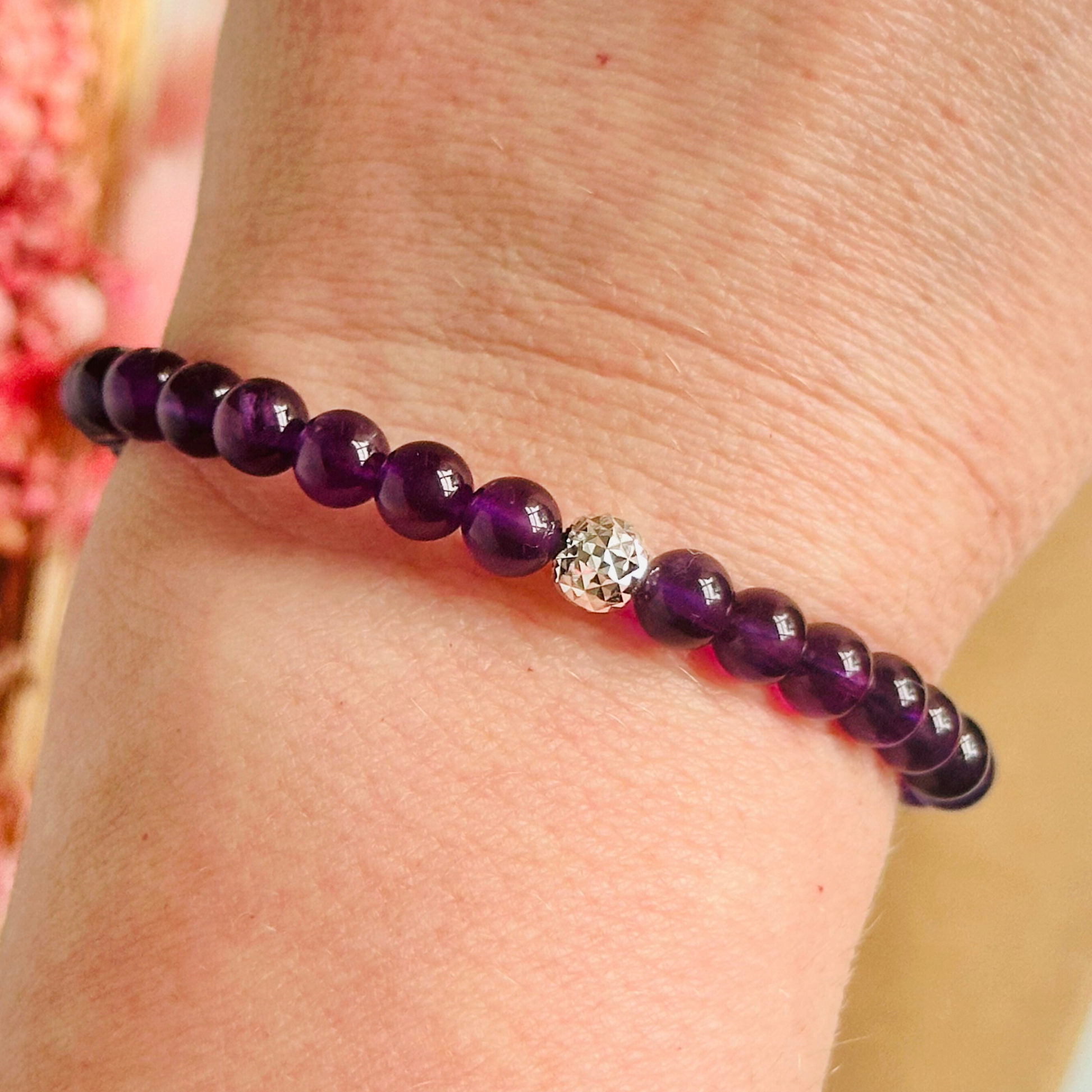 Amethyst bracelet with a faceted sterling silver or gold vermeil focal bead. A bracelet for anxiety relief, inner peace and to calm the mind. Made with 6mm beads.