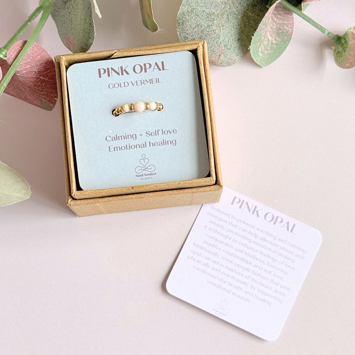 Pink Opal crystal trilogy gold vermeil ring
