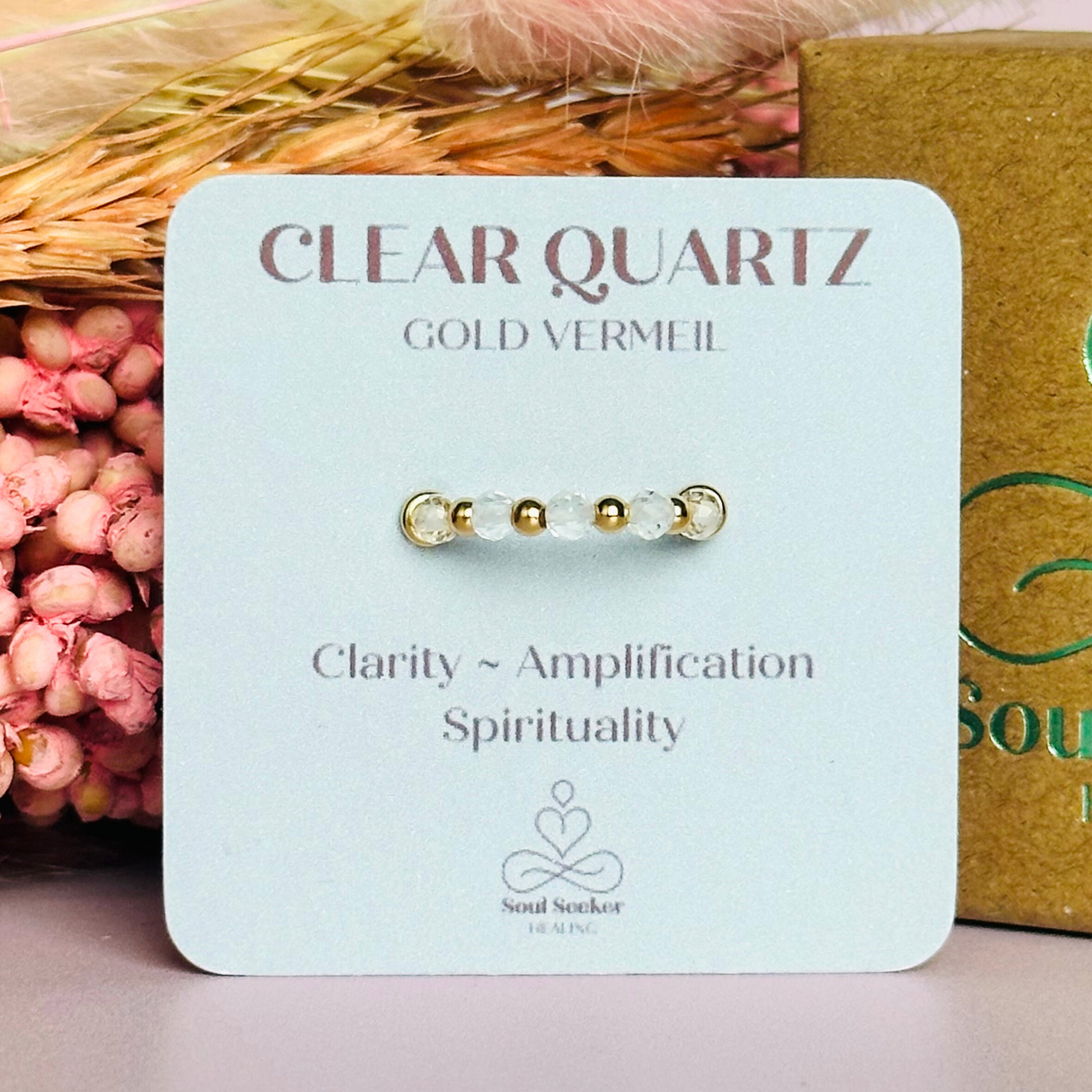 Gold vermeil clear quartz Stackable Ring with five 3mm faceted clear quartz crystal beads on a beaded 2.5mm band. April Birthstone Ring, clear quartz gold Band Ring, April Birthday Gift For Women, April birth stone ring, birthstone jewellery
