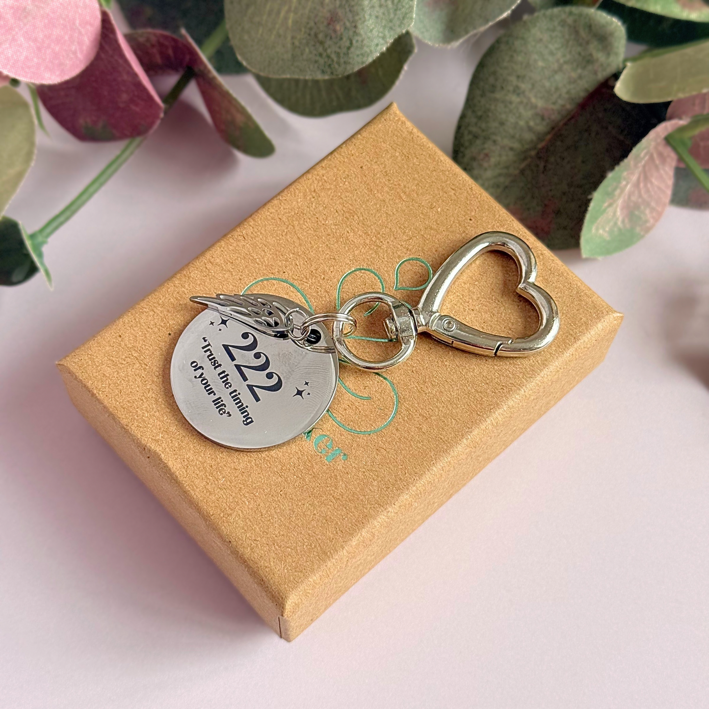 222 Angel Number Keyring / Bag Charm With Optional Crystal