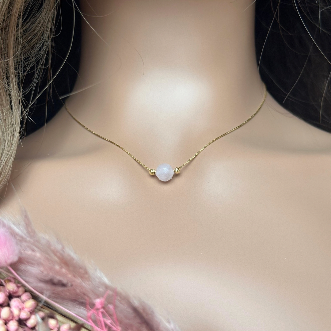Rose quartz necklace featuring an 8mm star cut rose quartz bead and gold vermeil corrugated beads on a delicate gold vermeil cardano beading chain. The necklace fastens with a subtle yet secure gold vermeil bolt clasp.