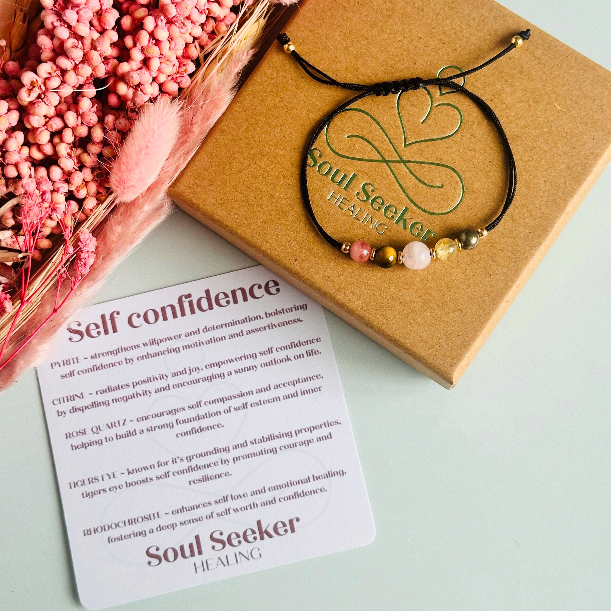 Cord bracelet made with five crystals all believed to help with self-confidence. Including pyrite, citrine, rose quartz, tigers eye and rhodochrosite. With your choice of cord colour and choice of either sterling silver, gold vermeil or rose gold vermeil accent beads.