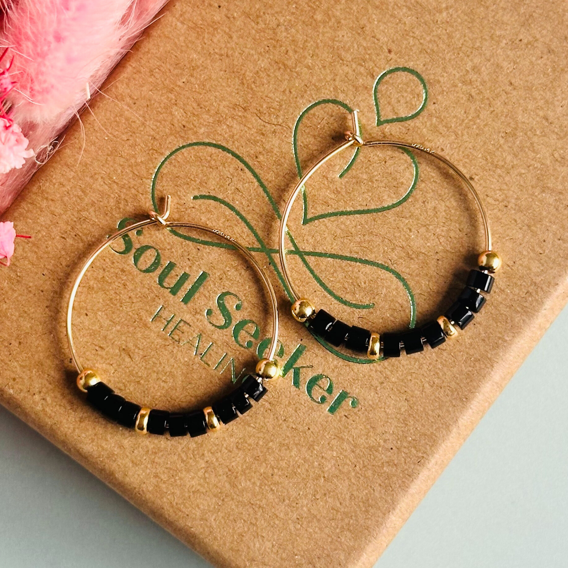 Black onyx gold filled hoop earrings, black onyx earrings, black onyx gold earrings