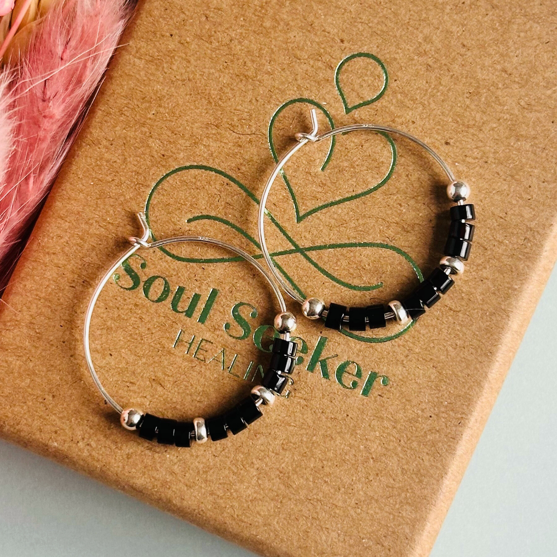 Black onyx sterling silver 25mm hoop earrings, black onyx silver earrings
