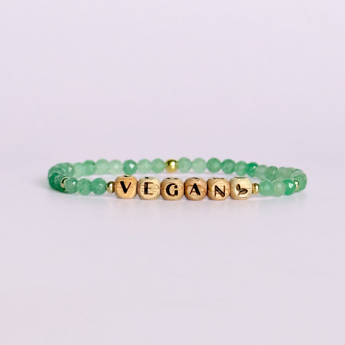 ‘Vegan’ green aventurine engraved word wooden letter bead bracelet