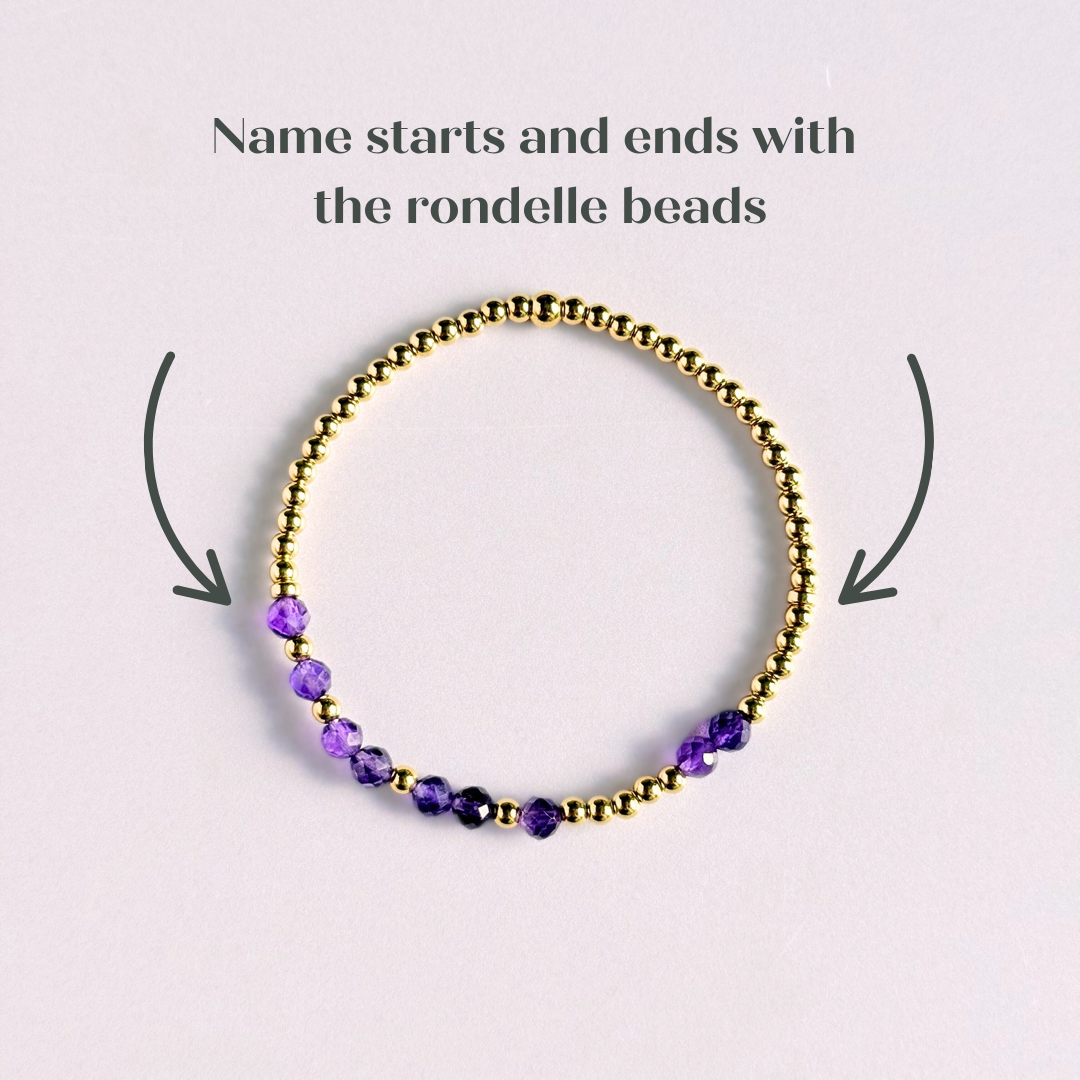 Amethyst February Birthstone Bracelet. Morse Code Custom Name Gold Filled Bracelet