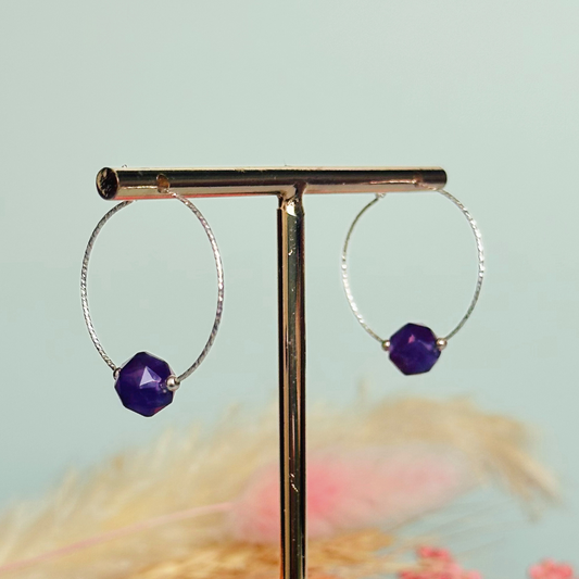 Sterling silver amethyst earrings, purple crystal hoop earrings, natural gemstone sparkle earrings, crown chakra jewellery, dangly earrings
