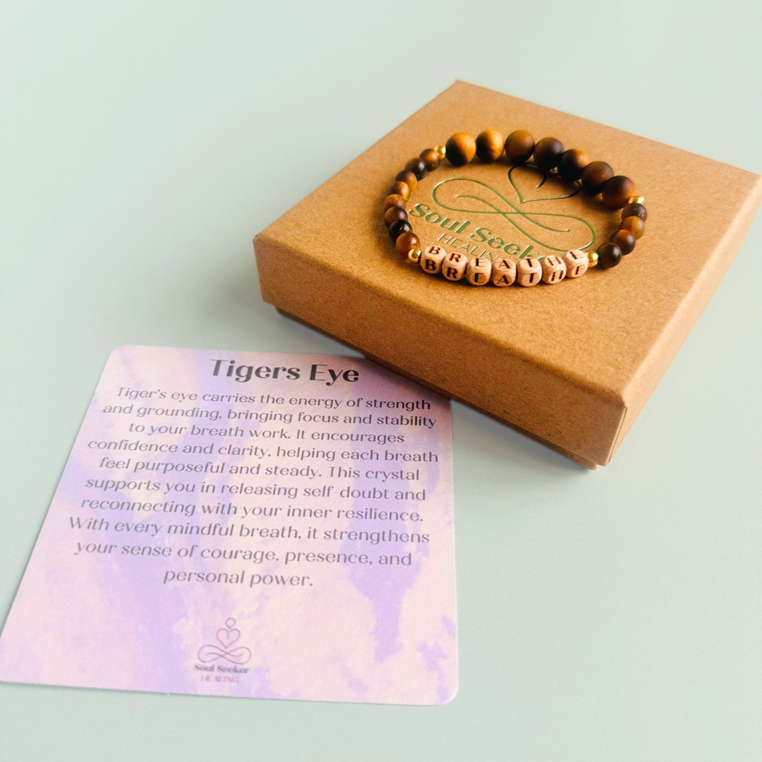 Breathwork bracelet featuring 6mm and 8mm frosted tigers eye crystal beads that follow the 4-7-8 counted breathing method. Also featuring laser engraved wooden letter beads spelling out the word BREATHE. Choose your accent beads from rose gold vermeil, gold vermeil or sterling silver.