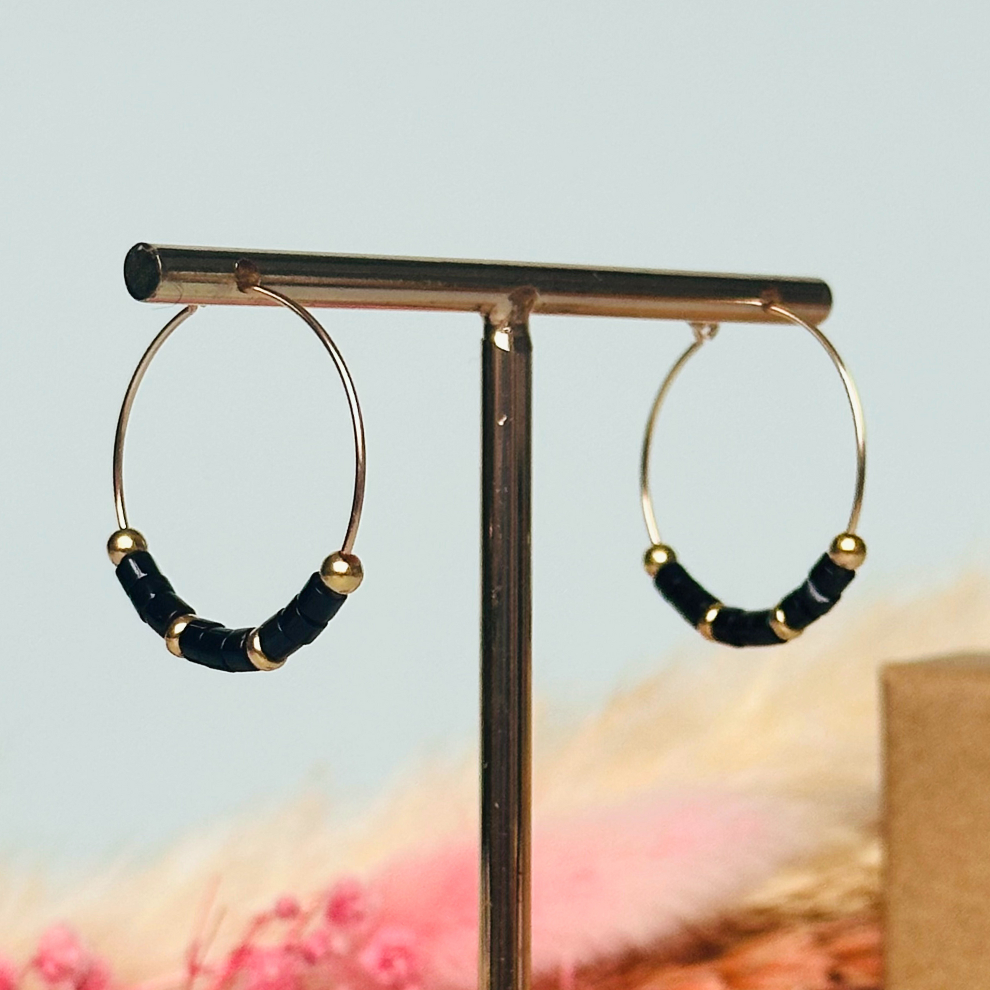 Black onyx gold filled hoop earrings, black onyx earrings, black onyx gold earrings
