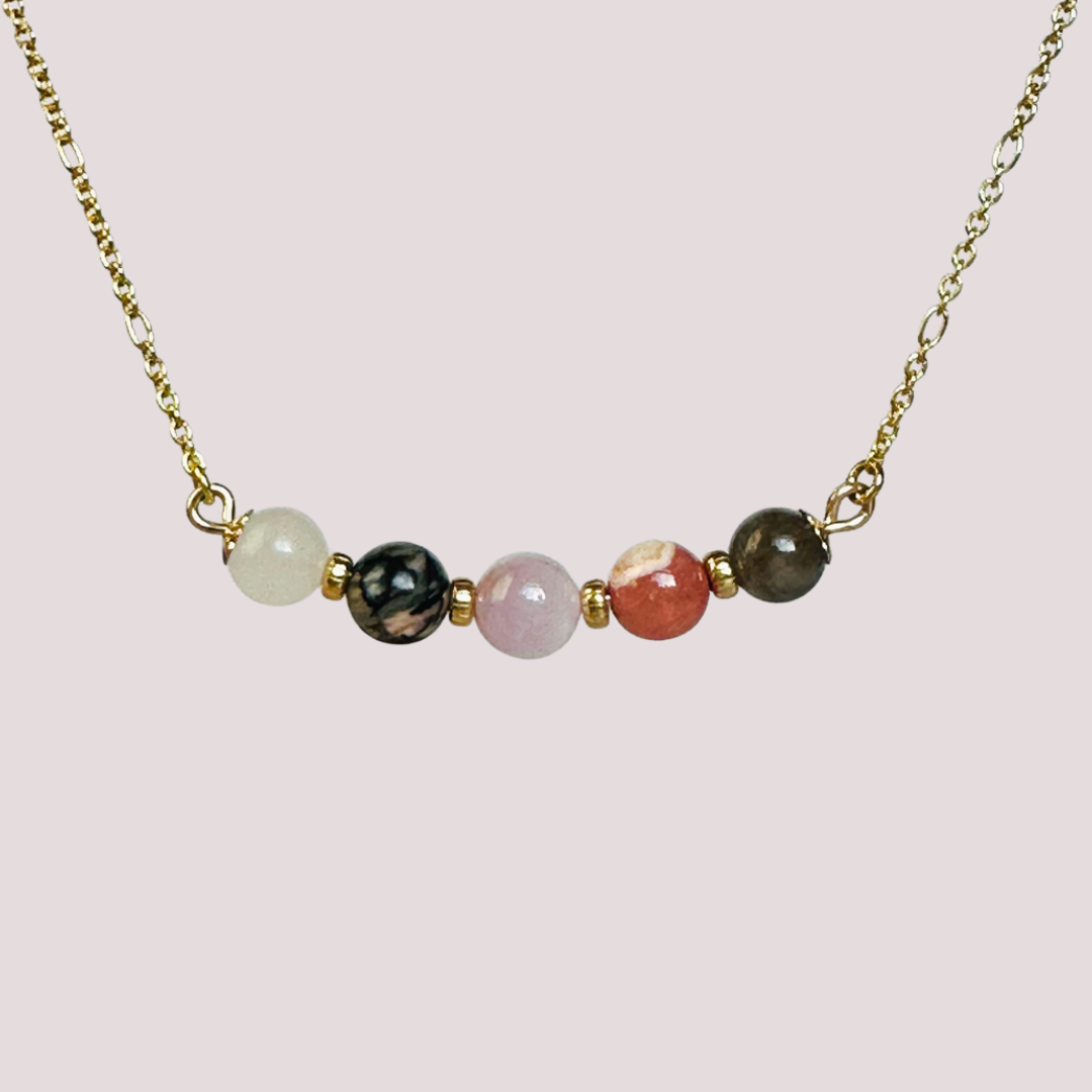 A dainty self love crystal necklace made with a selection of five healing crystals all believed to help promote self love. On a fine, gold vermeil figaro chain, which fastens with a gold vermeil bolt clasp. Featuring corrugated gold vermeil spacer beads and accented with daisy shaped bead caps.