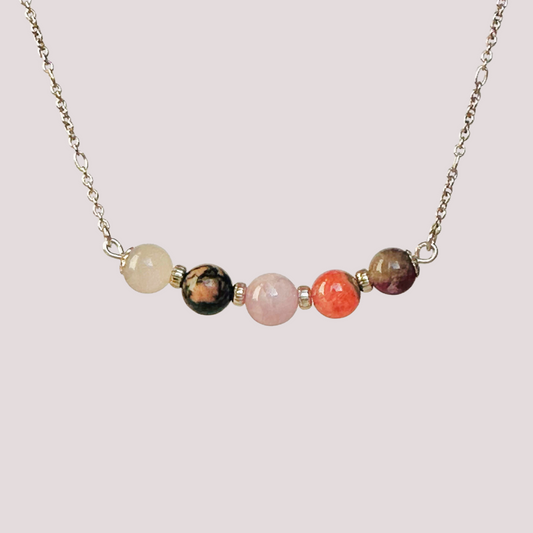 A dainty self love crystal necklace made with a selection of five healing crystals all believed to help promote self love. On a fine, sterling silver figaro chain, which fastens with a sterling silver bolt clasp. Featuring corrugated sterling silver spacer beads and accented with daisy shaped bead caps.