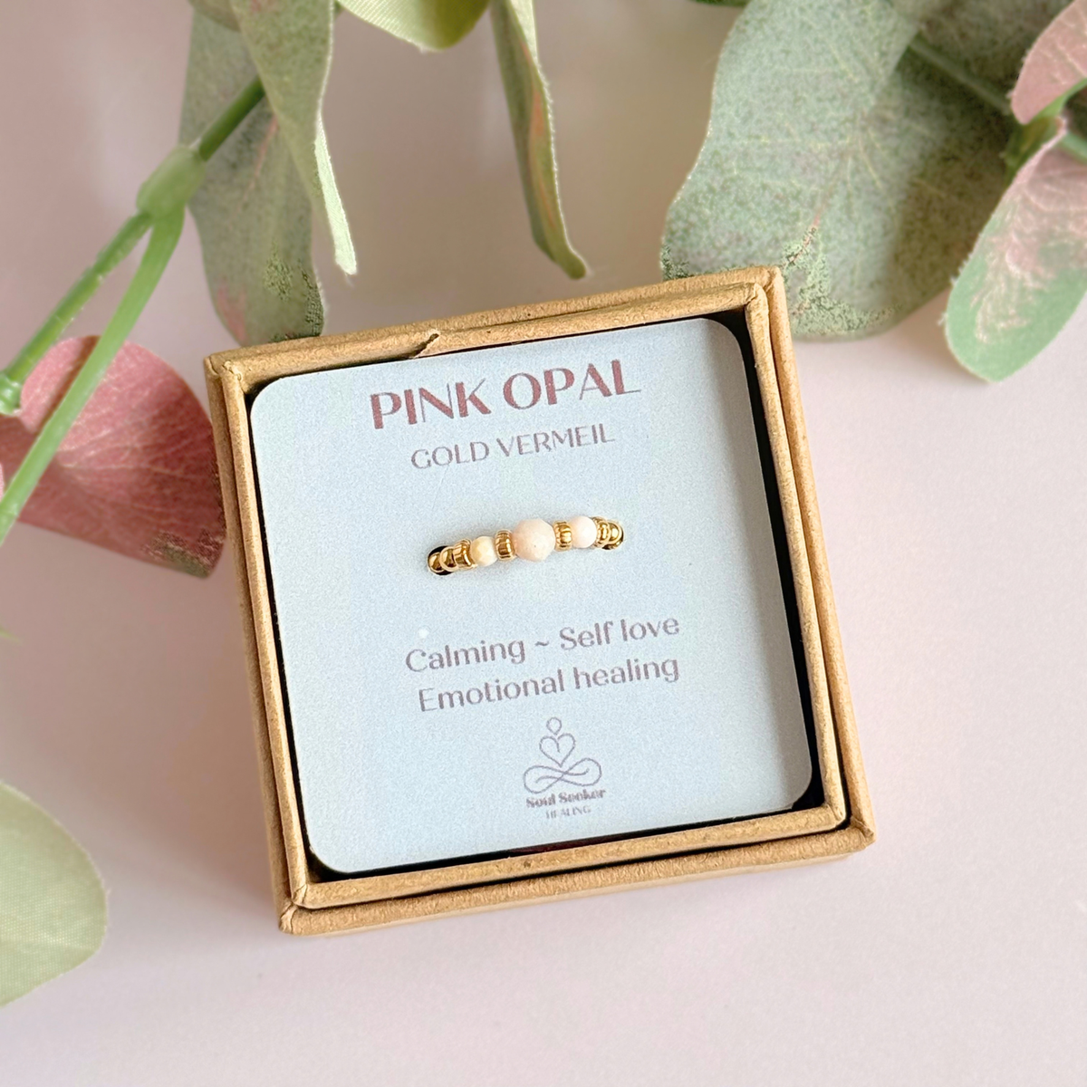 Pink Opal crystal trilogy gold vermeil ring
