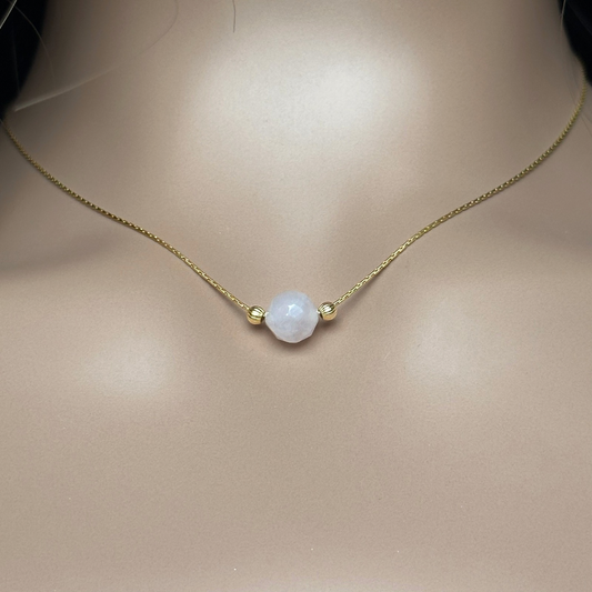 Rose quartz necklace featuring an 8mm star cut rose quartz bead and gold vermeil corrugated beads on a delicate gold vermeil cardano beading chain. The necklace fastens with a subtle yet secure gold vermeil bolt clasp.