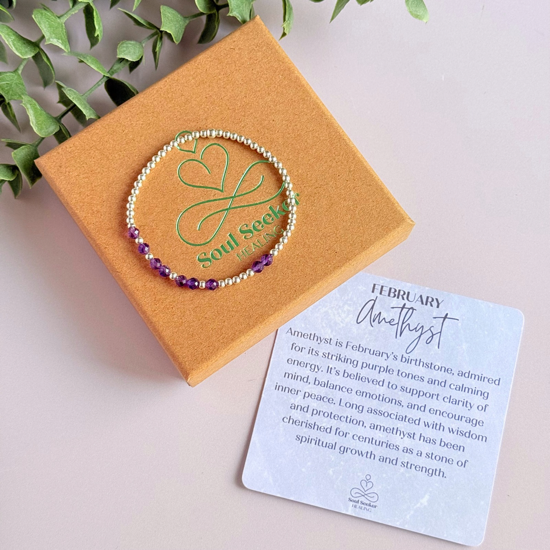 Amethyst February Birthstone Bracelet. Morse Code Custom Name Sterling Silver Bracelet