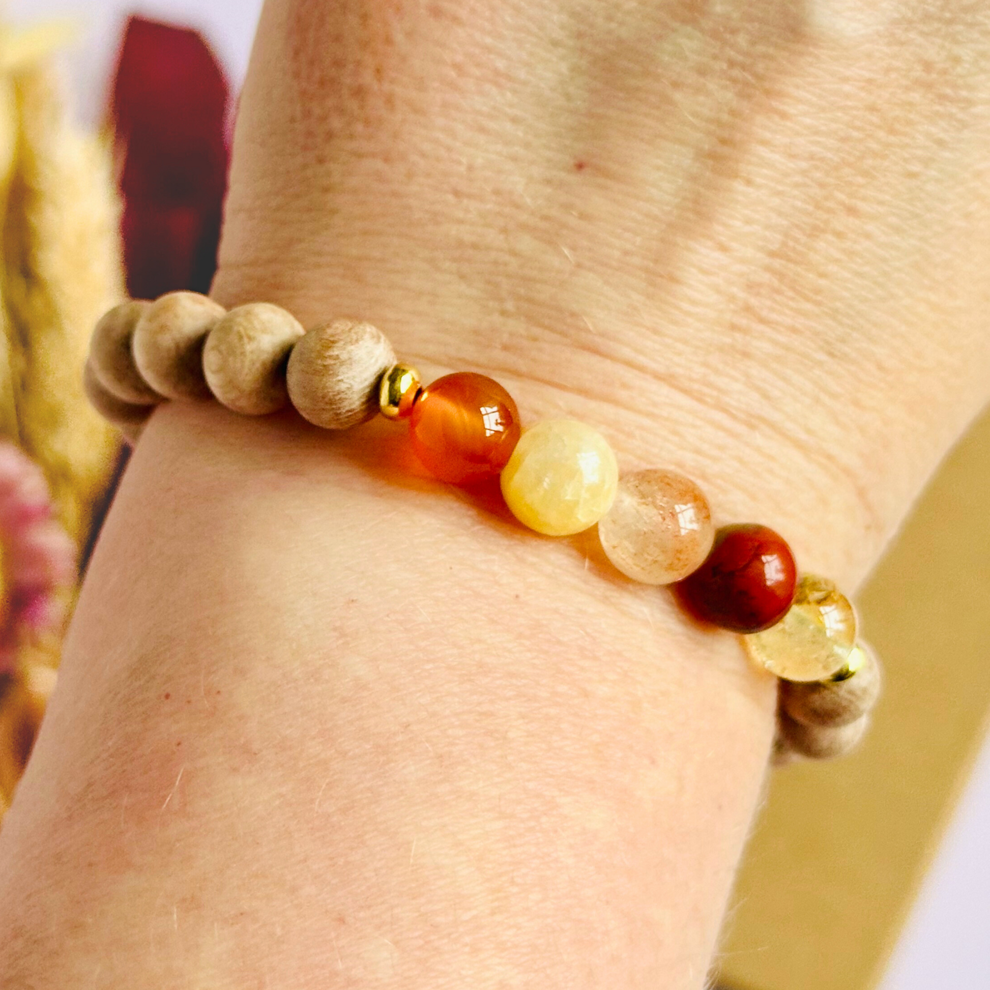 Energising bracelet, positivity bracelet, bracelet for confidence, bracelet for vitality, carnelian, yellow calcite, sunstone, red jasper, citrine, energising crystals, energy boost