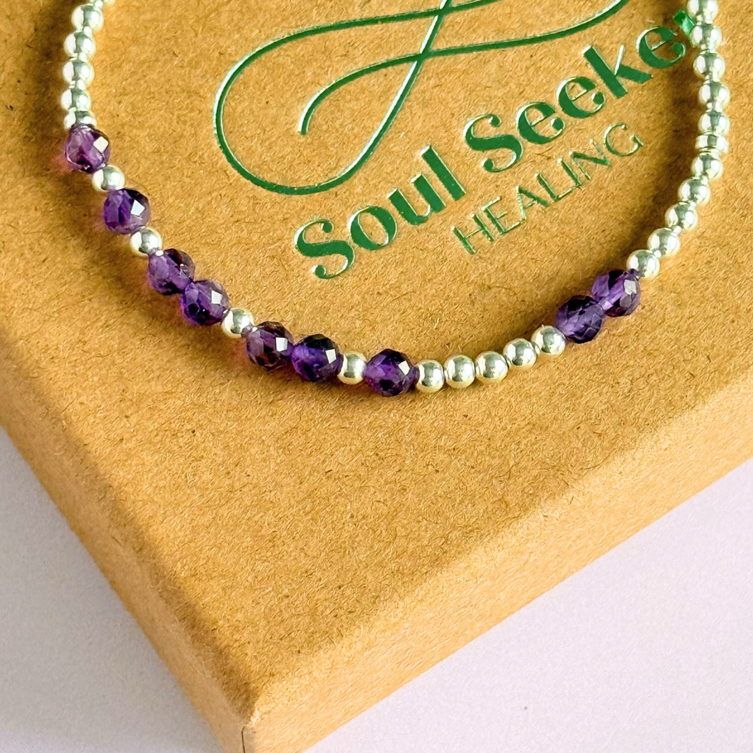 Amethyst February Birthstone Bracelet. Morse Code Custom Name Sterling Silver Bracelet