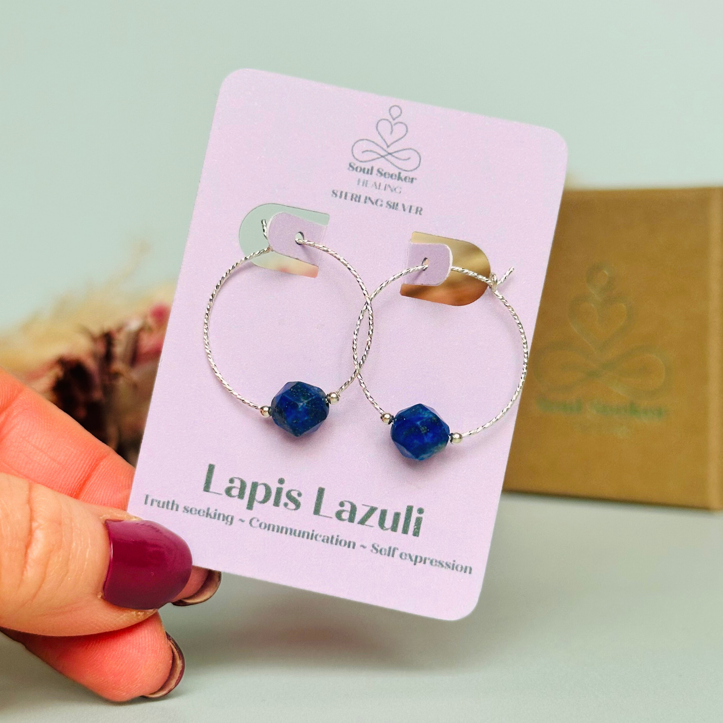 Sterling silver lapis lazuli hoop earrings, crystal healing handmade jewellery, dark blue genuine gemstone drop earrings, dainty dangly earrings