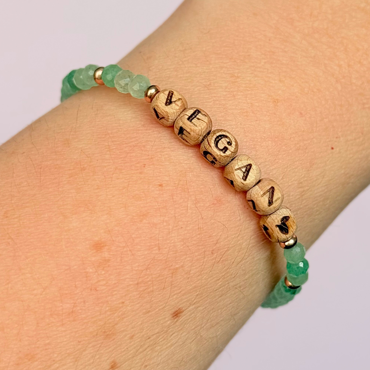 ‘Vegan’ green aventurine engraved word wooden letter bead bracelet
