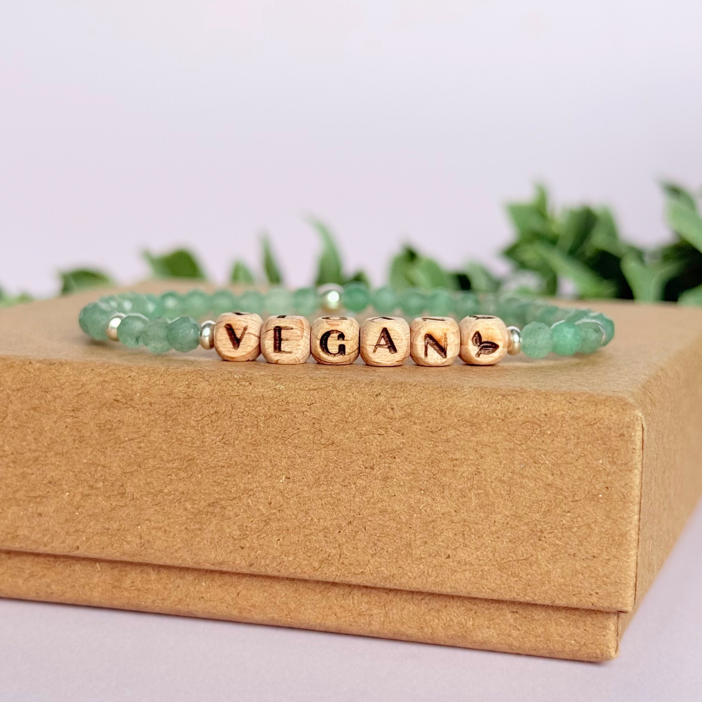 ‘Vegan’ green aventurine engraved word wooden letter bead bracelet