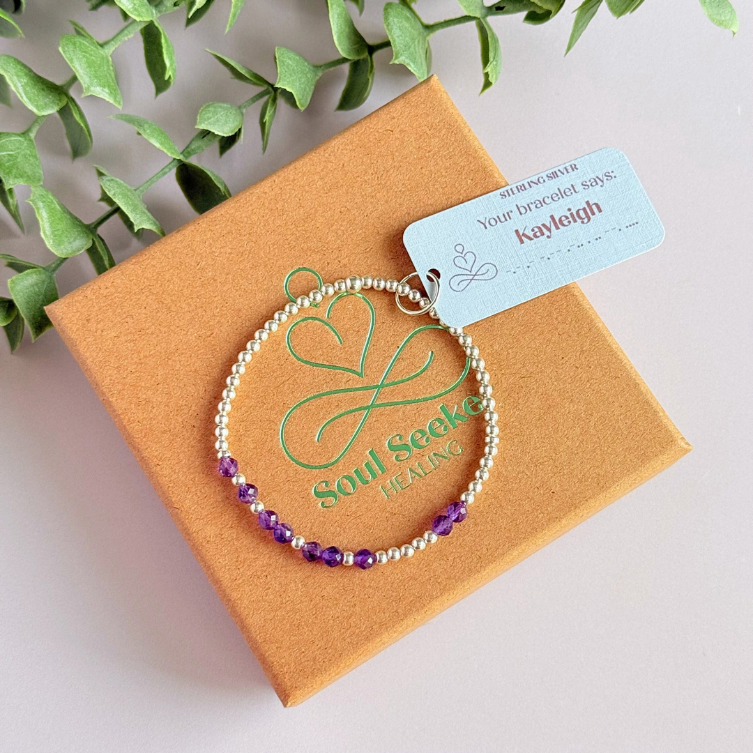Amethyst February Birthstone Bracelet. Morse Code Custom Name Sterling Silver Bracelet