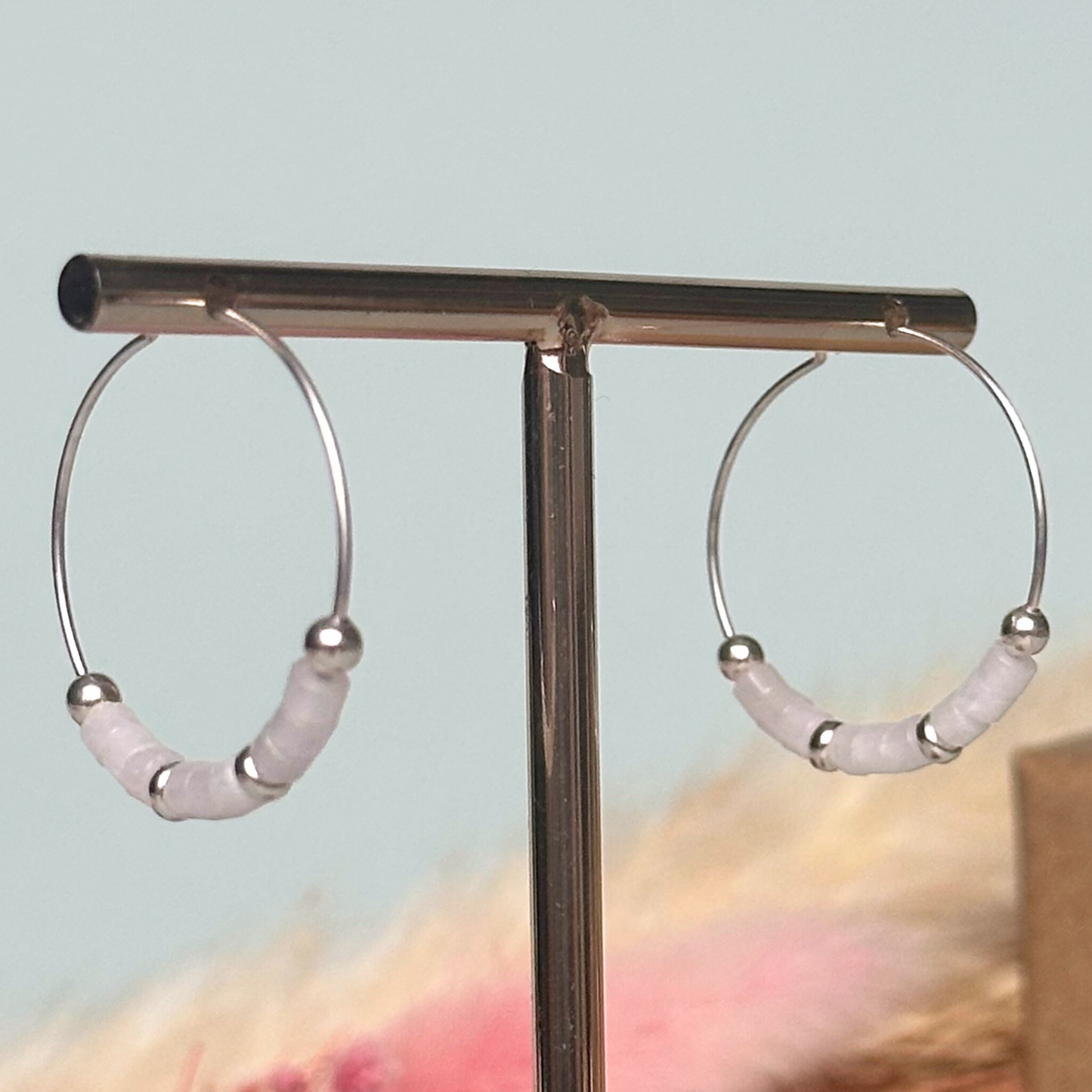 White jade sterling silver 25mm hoop earrings, white jade silver earrings
