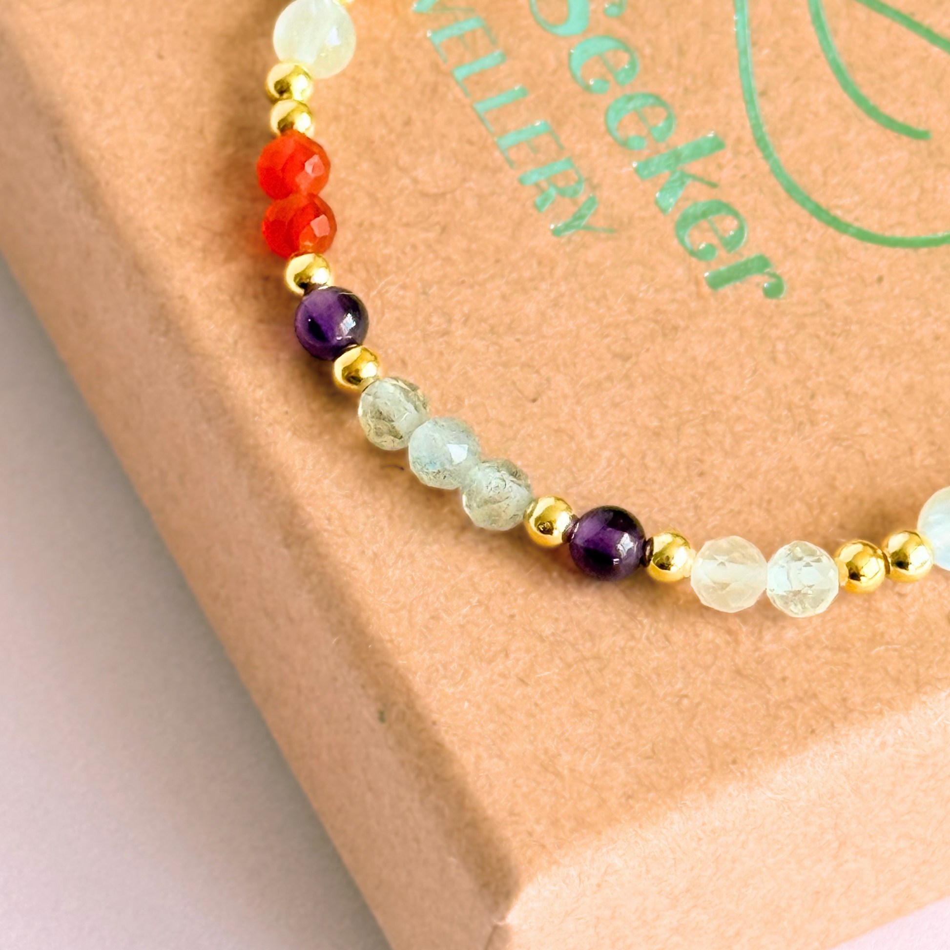 Dainty gold vermeil crystal bracelet featuring five crystals, in 4mm faceted and smooth round style, each believed to help with hormonal balance. Featuring amethyst, moonstone, carnelian, labradorite and rose quartz. Close up picture on the gift box.