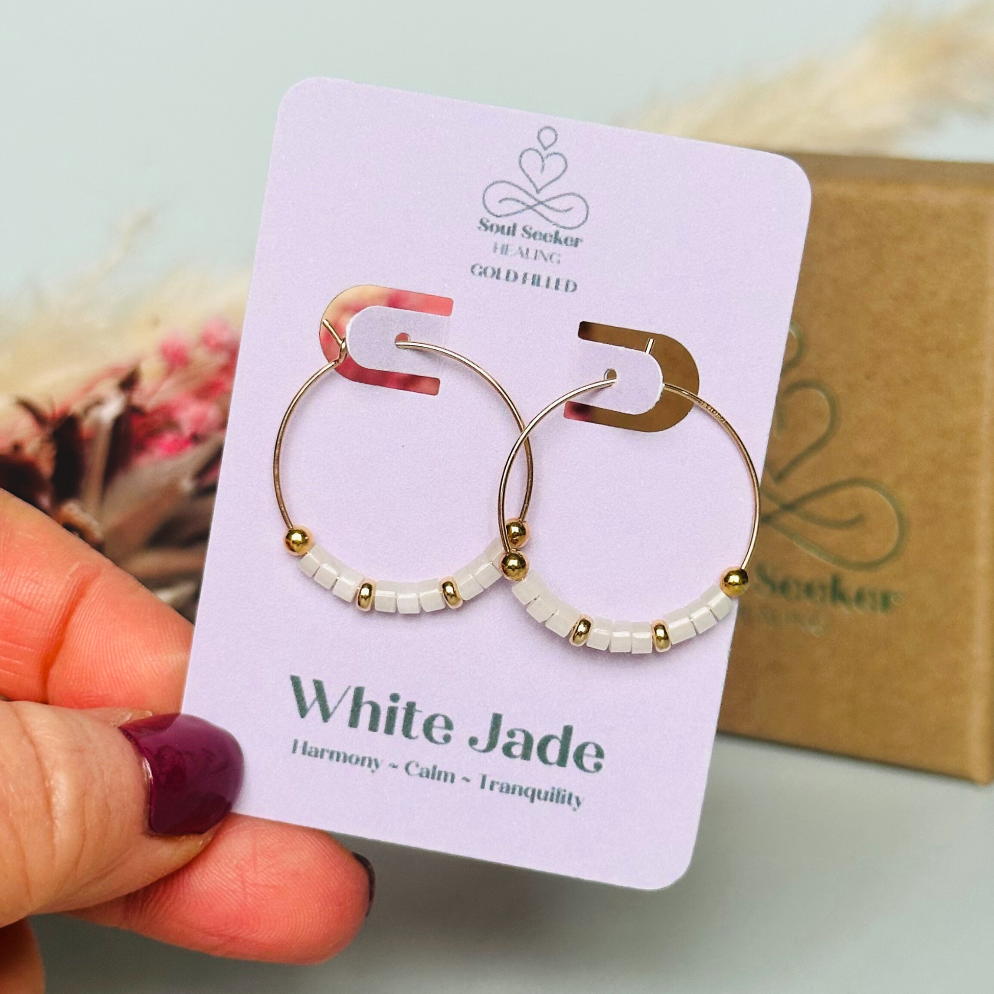 White jade 25mm gold filled hoop earrings with white jade heishi beads, white jade earrings
