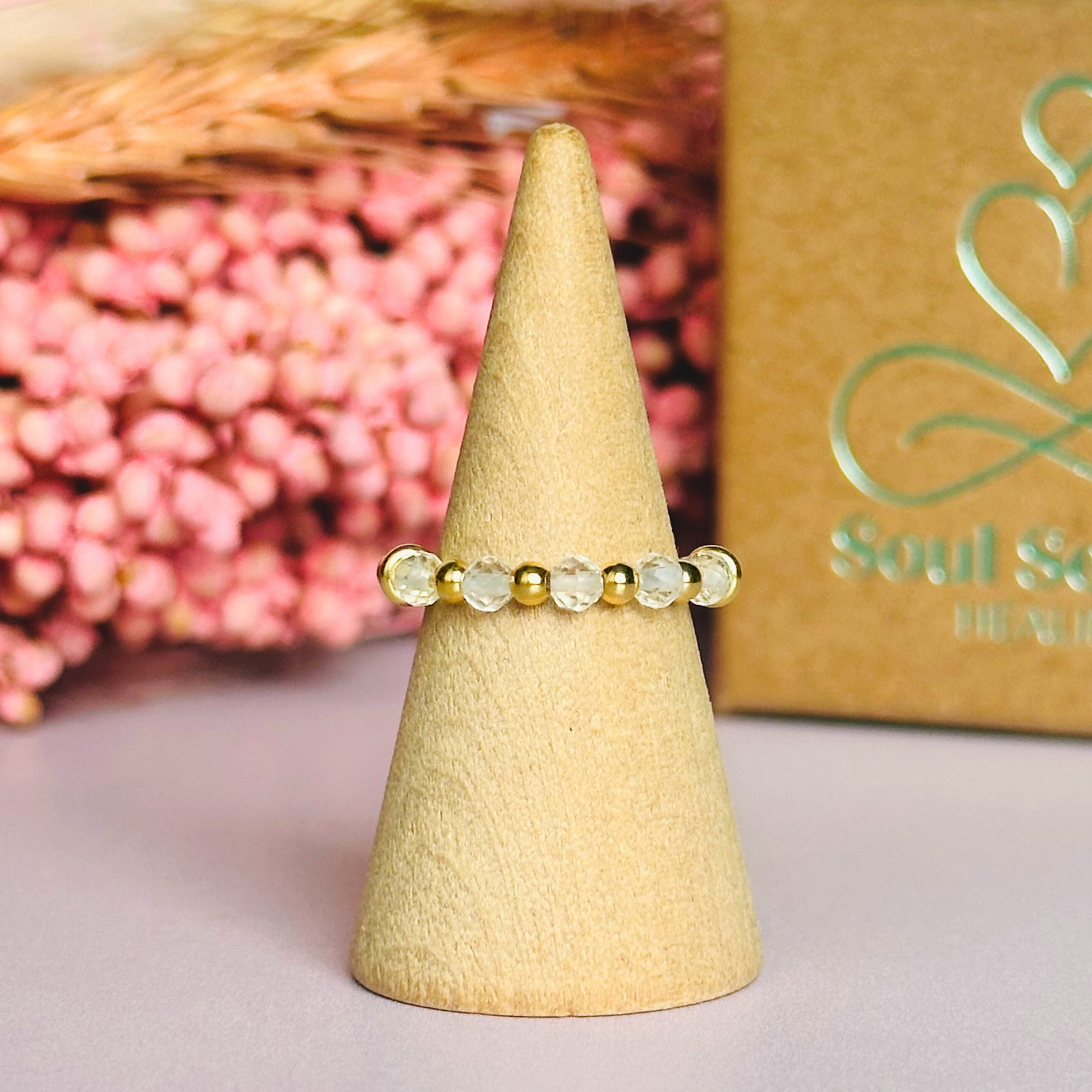 Gold vermeil clear quartz Stackable Ring with five 3mm faceted clear quartz crystal beads on a beaded 2.5mm band. April Birthstone Ring, clear quartz gold Band Ring, April Birthday Gift For Women, April birth stone ring, birthstone jewellery