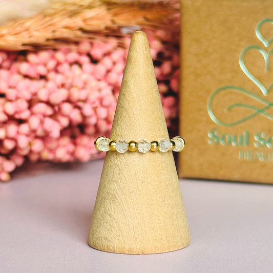 Gold vermeil clear quartz Stackable Ring with five 3mm faceted clear quartz crystal beads on a beaded 2.5mm band. April Birthstone Ring, clear quartz gold Band Ring, April Birthday Gift For Women, April birth stone ring, birthstone jewellery