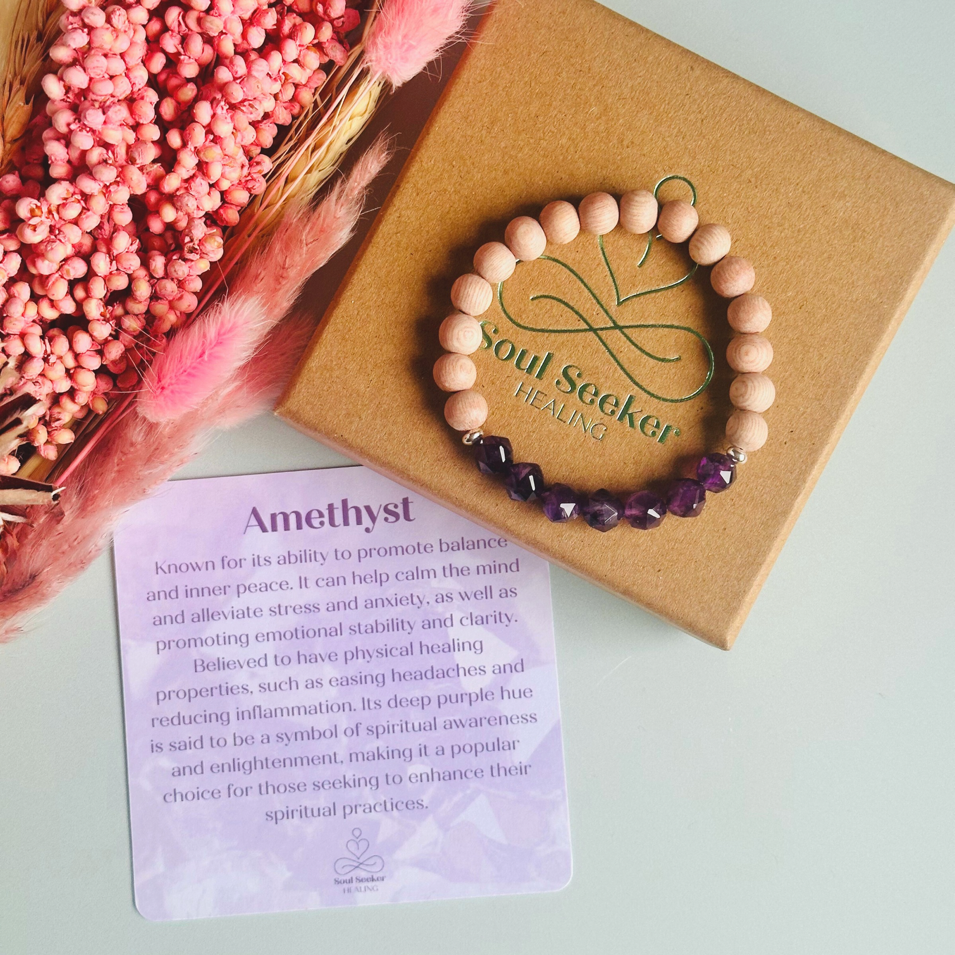 Amethyst and raw rosewood elasticated essential oil diffuser bracelet. Made with 8mm star cut amethyst beads, 8mm round raw rosewood beads and your choice of sterling silver, gold vermeil or rose gold vermeil spacer beads