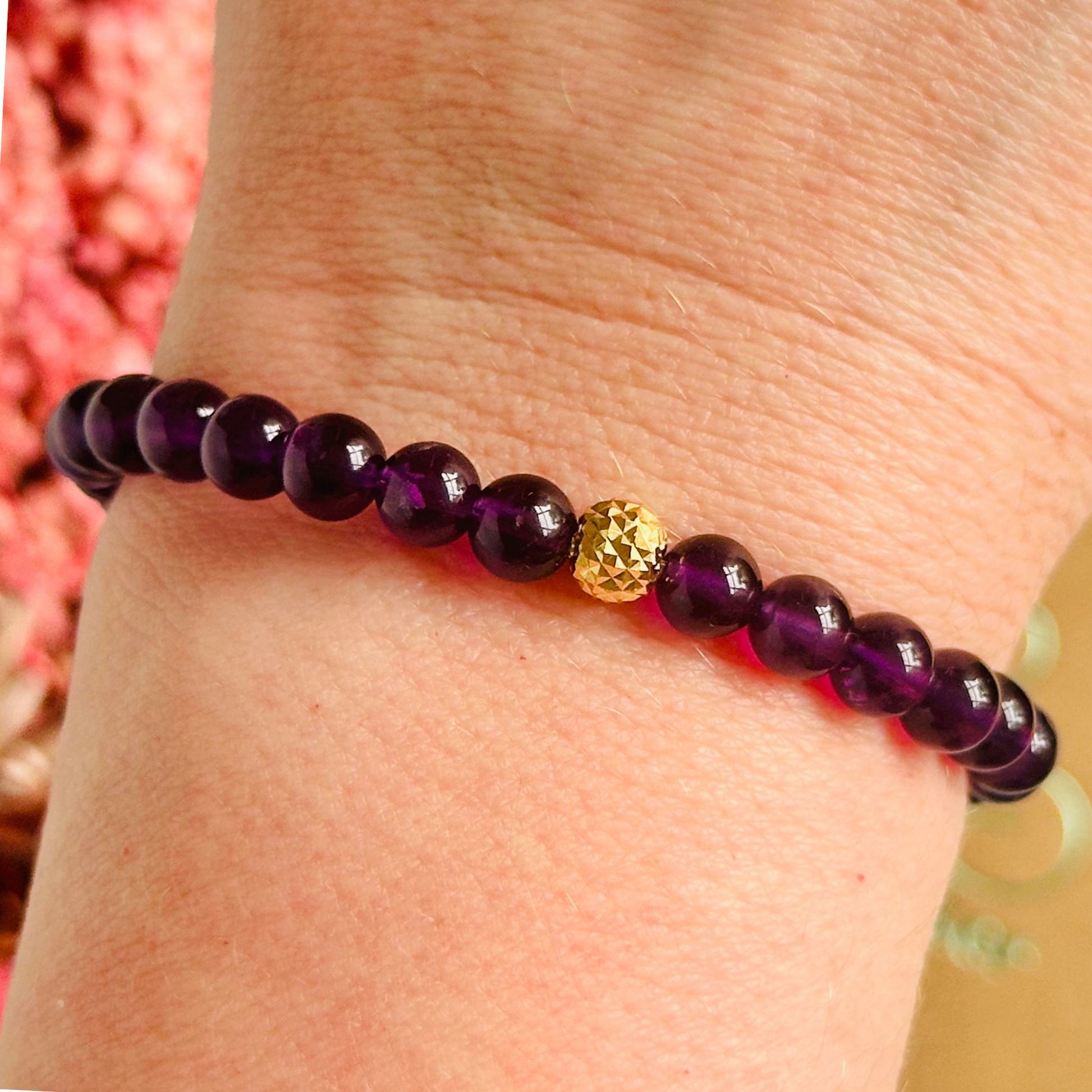 Amethyst bracelet with a faceted sterling silver or gold vermeil focal bead. A bracelet for anxiety relief, inner peace and to calm the mind. Made with 6mm beads.