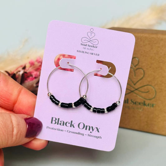 Black onyx sterling silver 25mm hoop earrings, black onyx silver earrings