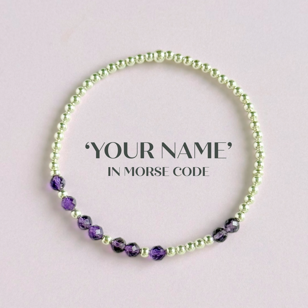 Amethyst February Birthstone Bracelet. Morse Code Custom Name Sterling Silver Bracelet