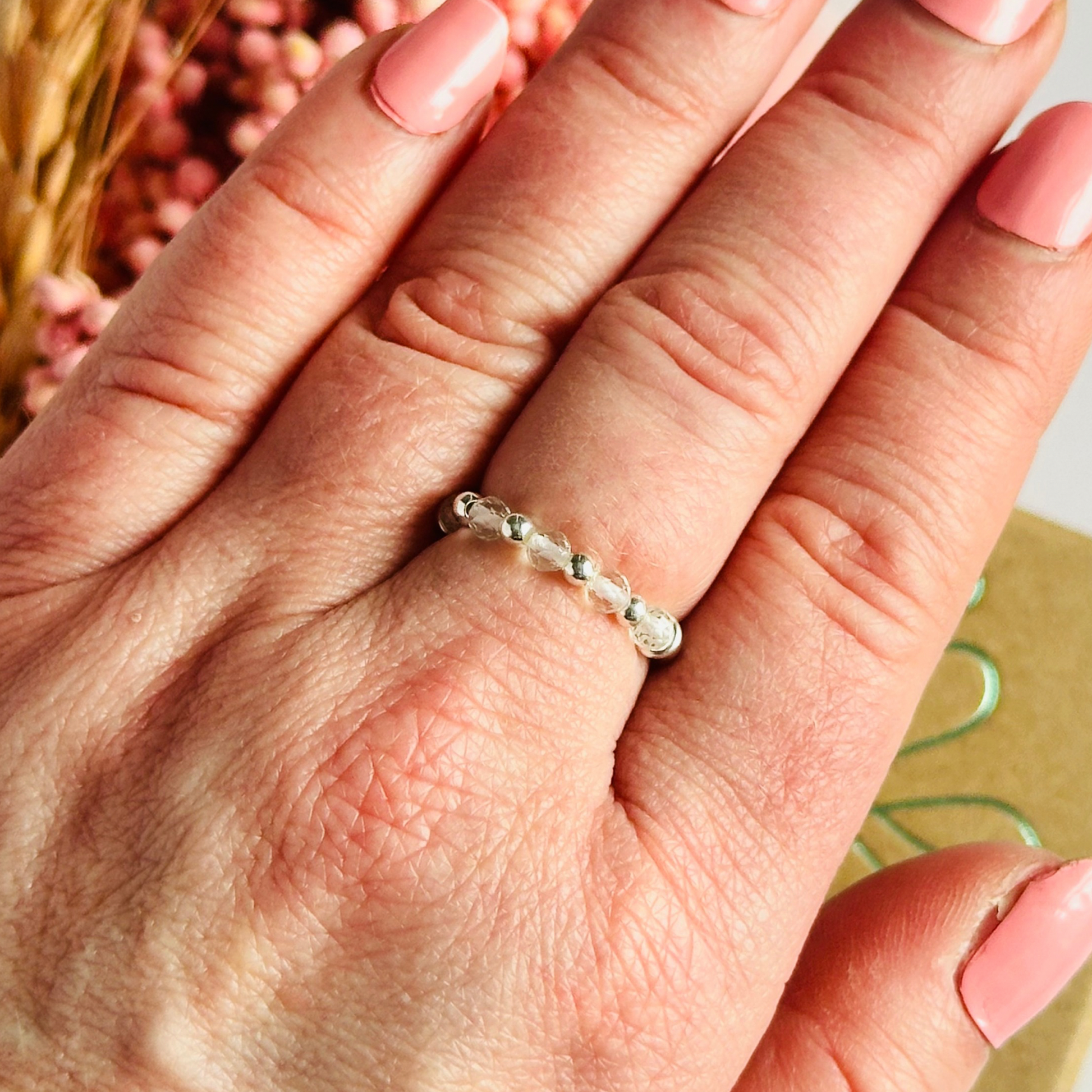 Sterling silver clear quartz Stackable Ring with five 3mm faceted clear quartz crystal beads on a beaded 2.5mm band. April Birthstone Ring, clear quartz silver Band Ring, April Birthday Gift For Women, April birth stone ring, birthstone jewellery