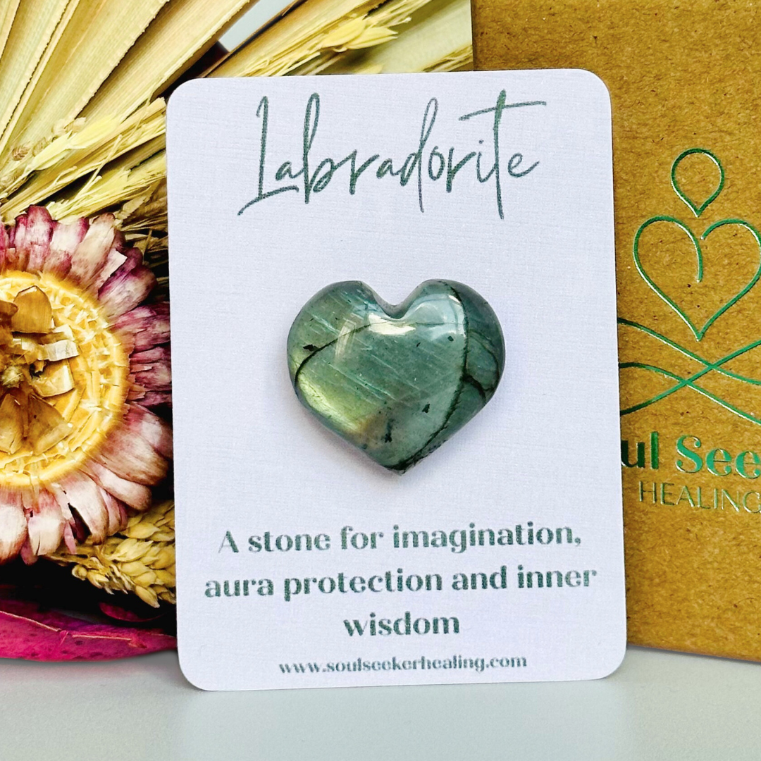 25mm heart shaped labradorite crystal shape, labradorite carving, labradorite heart. A stone for imagination, aura protection and inner wisdom, pocket hug