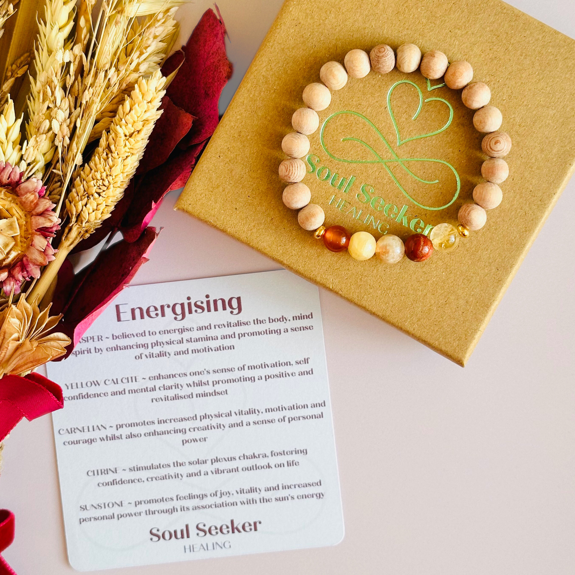 Energising bracelet, positivity bracelet, bracelet for confidence, bracelet for vitality, carnelian, yellow calcite, sunstone, red jasper, citrine, energising crystals, energy boost