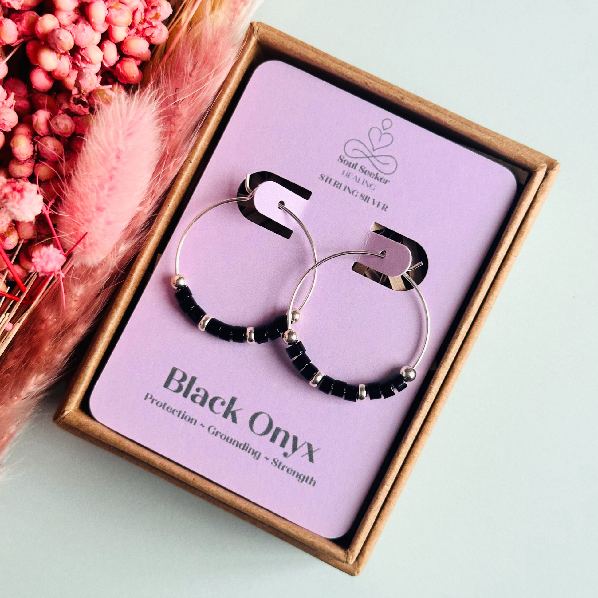 Black onyx sterling silver 25mm hoop earrings, black onyx silver earrings