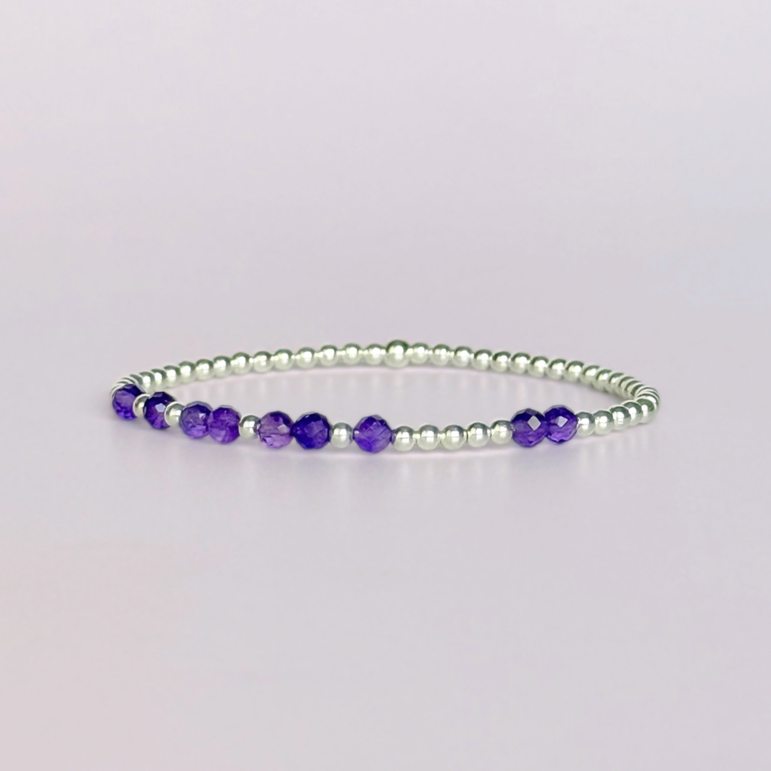 Amethyst February Birthstone Bracelet. Morse Code Custom Name Sterling Silver Bracelet