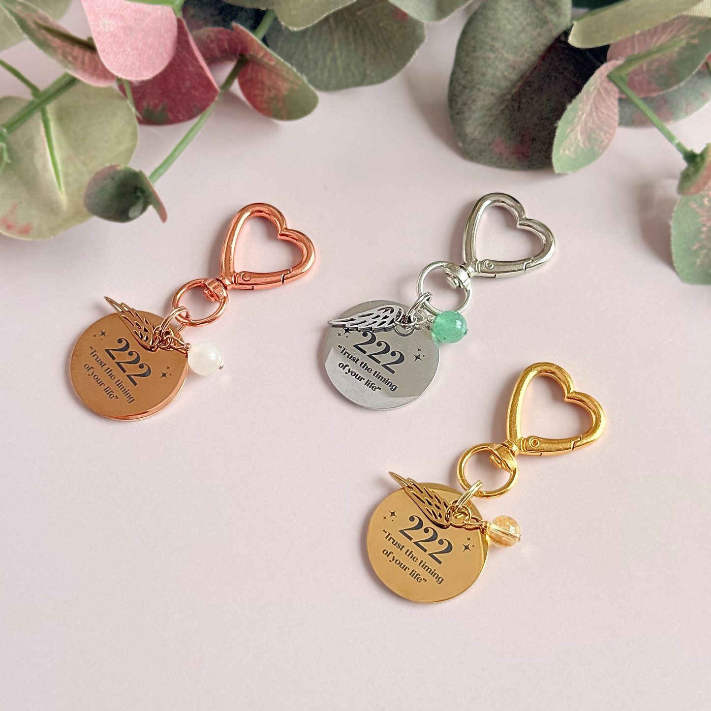 222 Angel Number Keyring / Bag Charm With Optional Crystal