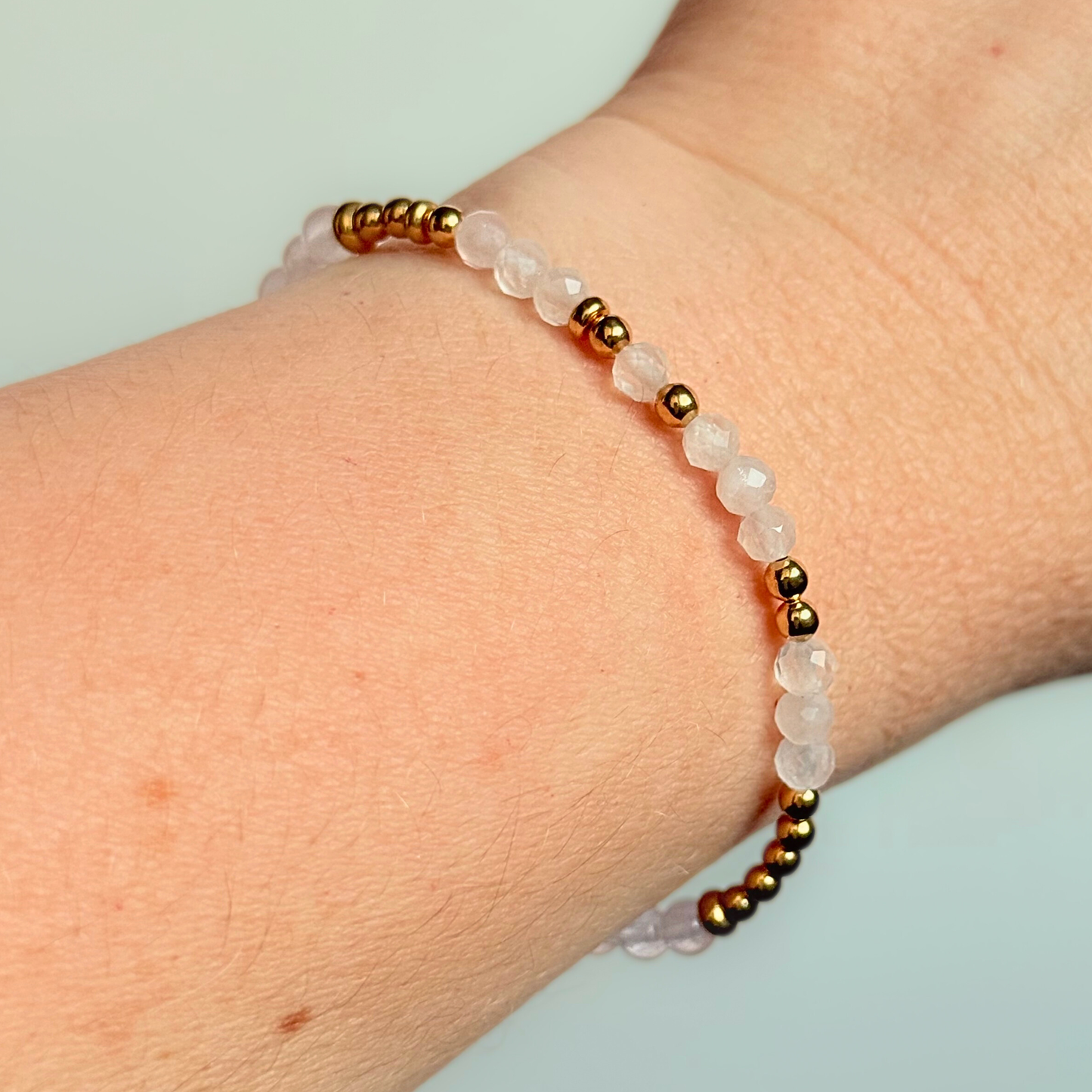 “I Am Enough’’ rose quartz crystal morse code bracelet