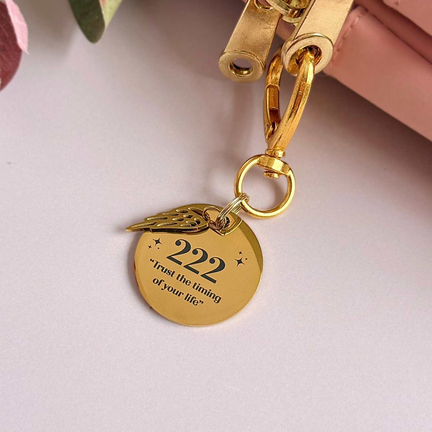 222 Angel Number Keyring / Bag Charm With Optional Crystal