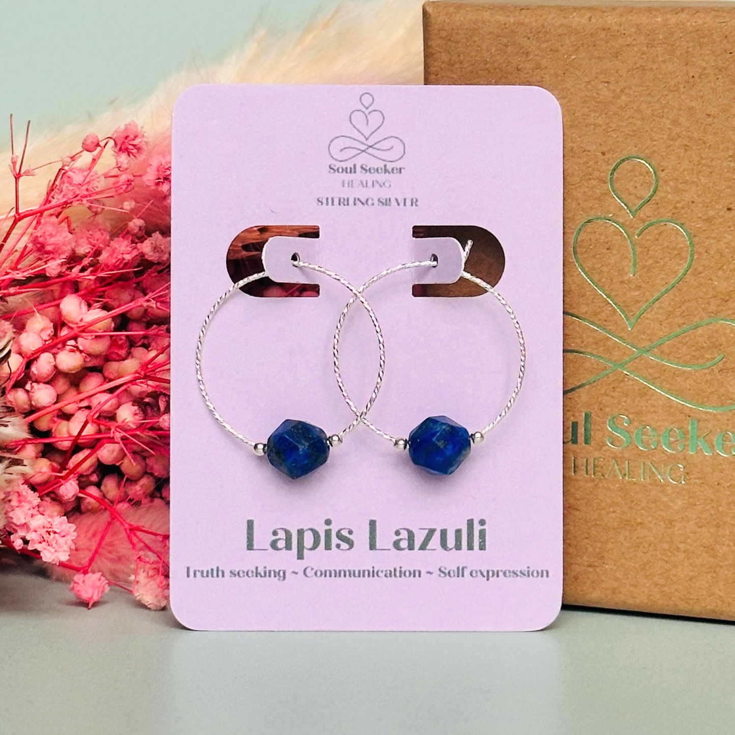 Sterling silver lapis lazuli hoop earrings, crystal healing handmade jewellery, dark blue genuine gemstone drop earrings, dainty dangly earrings