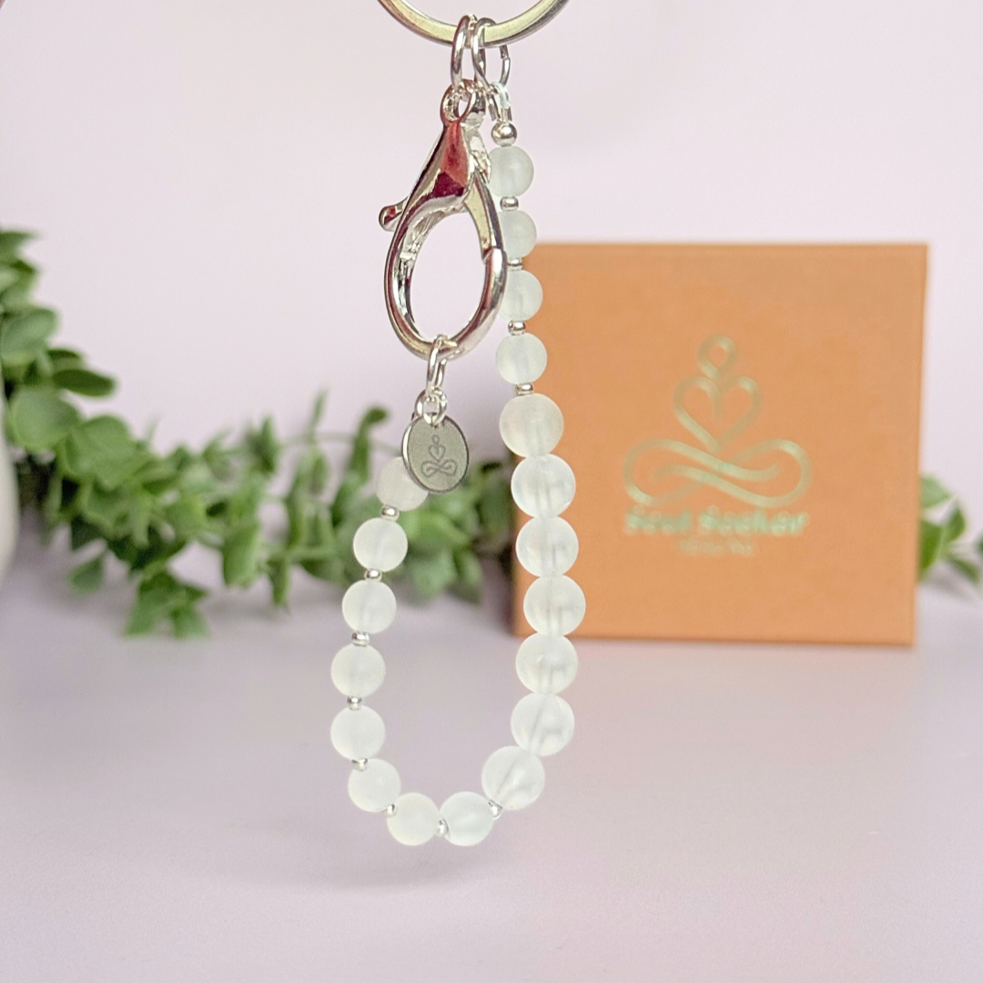 Clear Quartz 4-7-8 breath work beads. Crystal breathing keyring