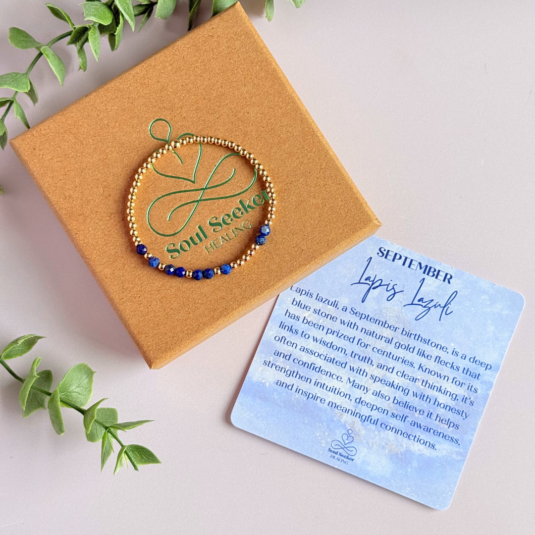 Morse code secret message bracelet spelling out your chosen name in gold filled and lapis lazuli crystal beads. Elasticated with 4mm faceted lapis lazuli beads and 3mm gold filled beads. Custom September birthstone bracelet.